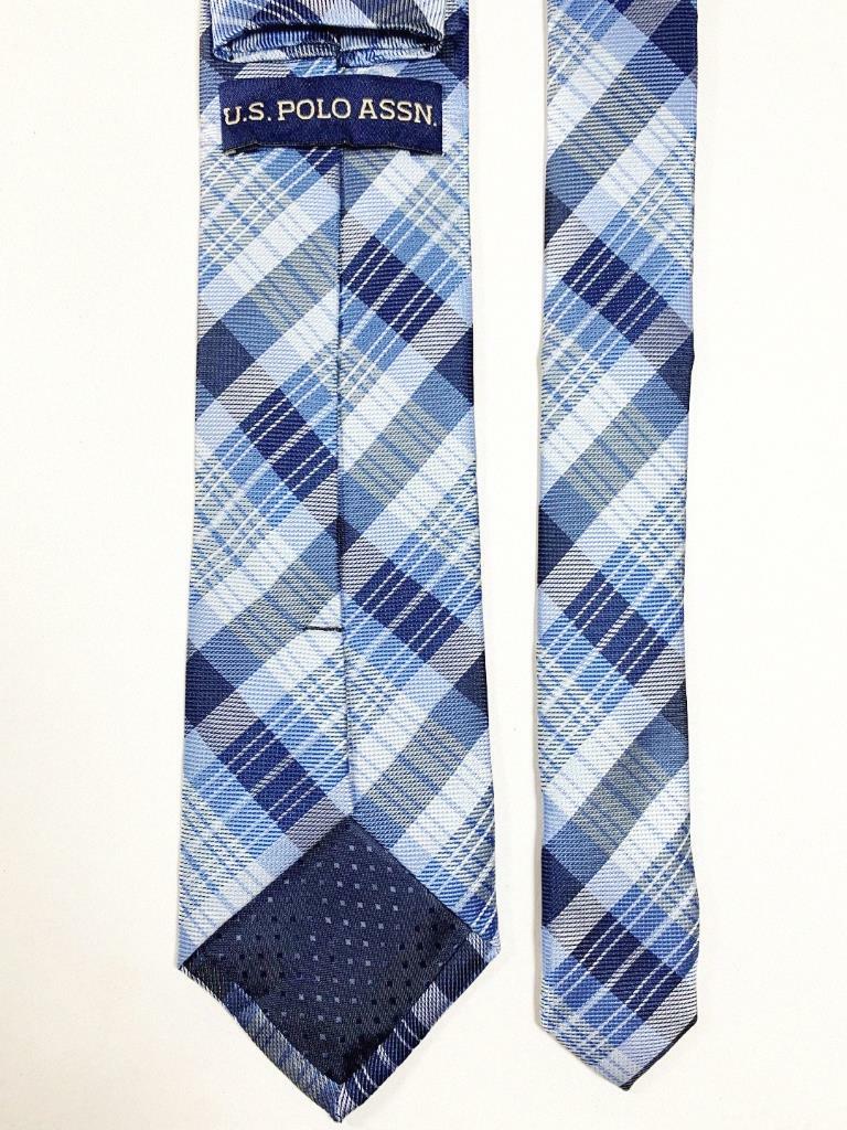 U.S.POLO ASSN DARKBLUE SILVER SKYBLUE PLAID POLY NECKTIE TIE