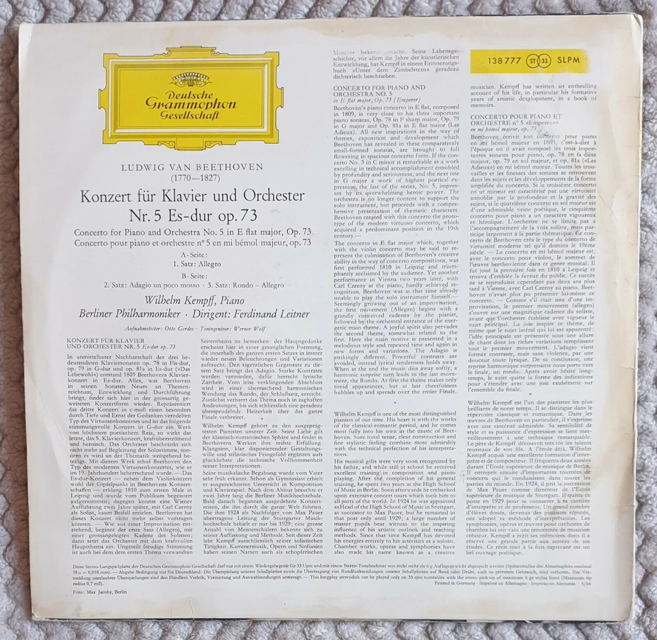 SLPM 138777 KEMPF / Beethoven 'The Emperor' Rare DGG 'Alle Hersteller' 1st Label - Image 4 of 4