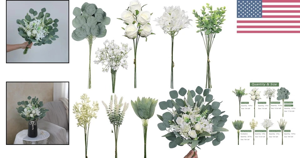 Свадебный набор с цветочным рисунком сделай сам - 75 искусственных растений и цветов белого и зеленого цвета - Изображение 2 из 4