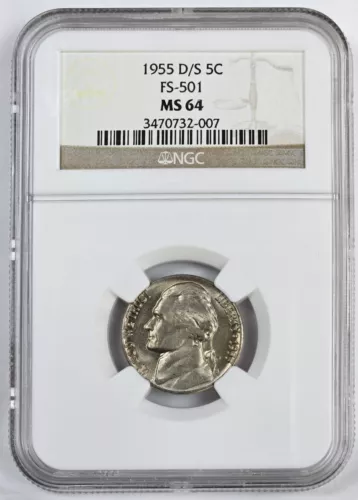 1955 D/S Jefferson Nickel *** NGC MS 64 *** FS-501