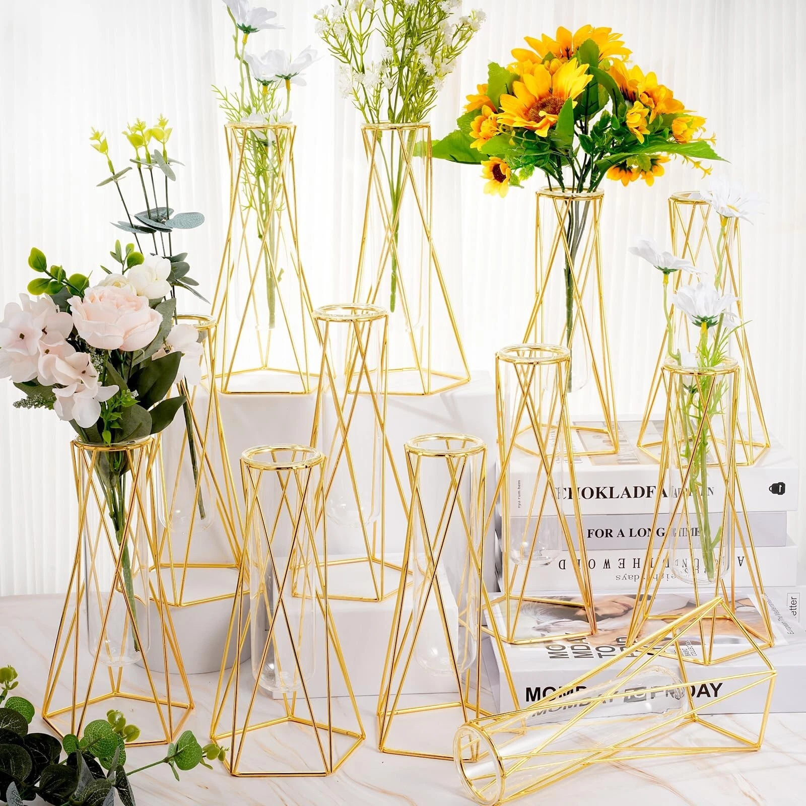 Dandat 12 Pcs Gold Geometric Vase for Centerpieces Glass Vase with Metal Stan...