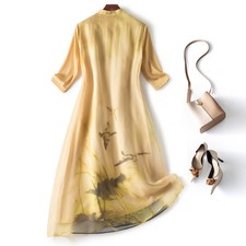 Retro Genuine Silk Organza Womens Dress Summer Printed Mulberry Silk Long Skirt