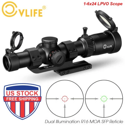 CVLIFE 1-6x24 LPVO Rifle Scope R16 Reticle Hunting Optical Scope + 30mm Tube Ring Mount
