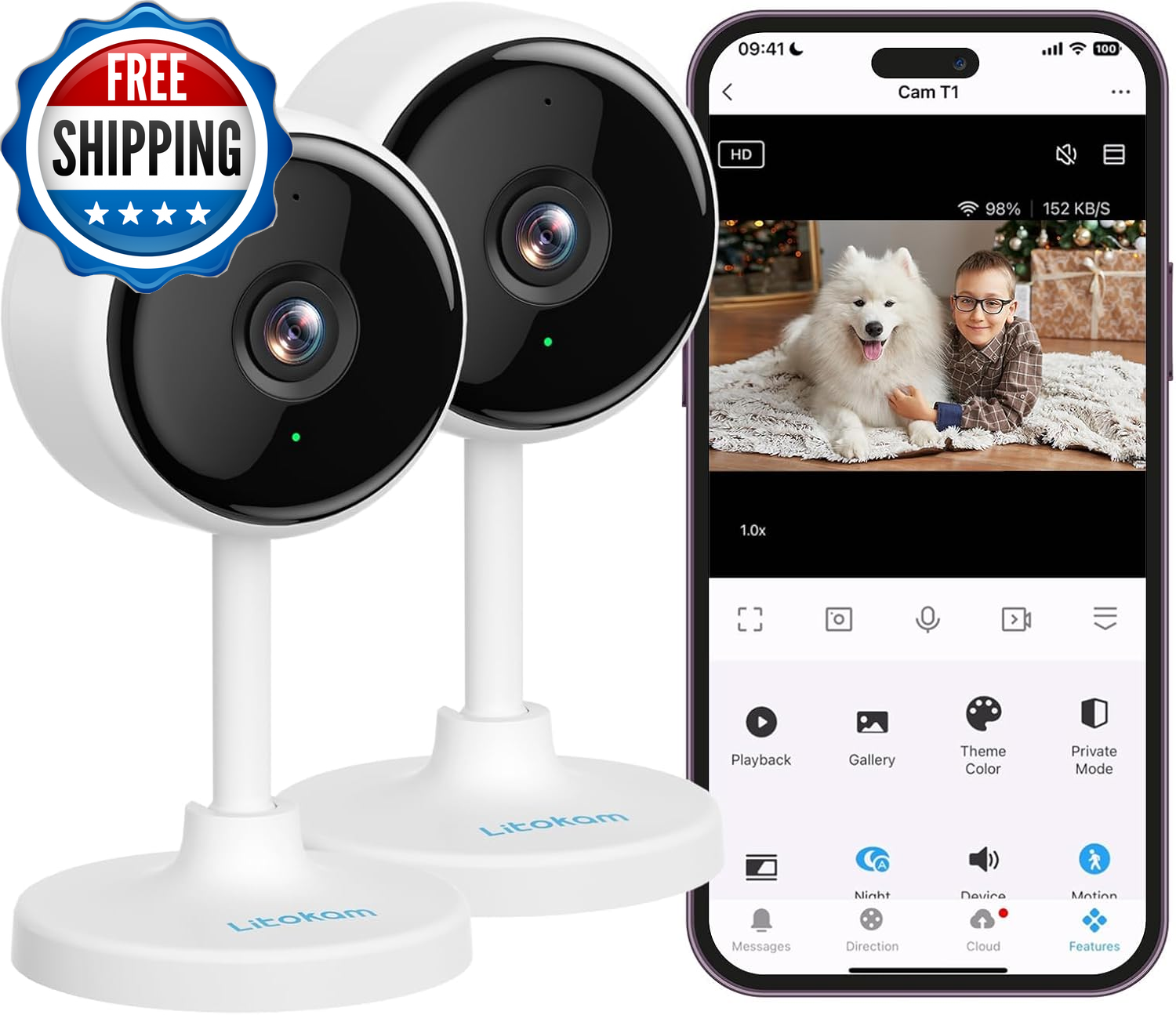 Indoor Camera, Cameras for Home Security with Night Vision, Pet Camera with Phon-image