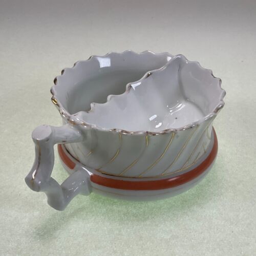 Antique Ironstone Shaving Scuttle Mug Scalloped Rim Peach Band - Picture 4 of 6