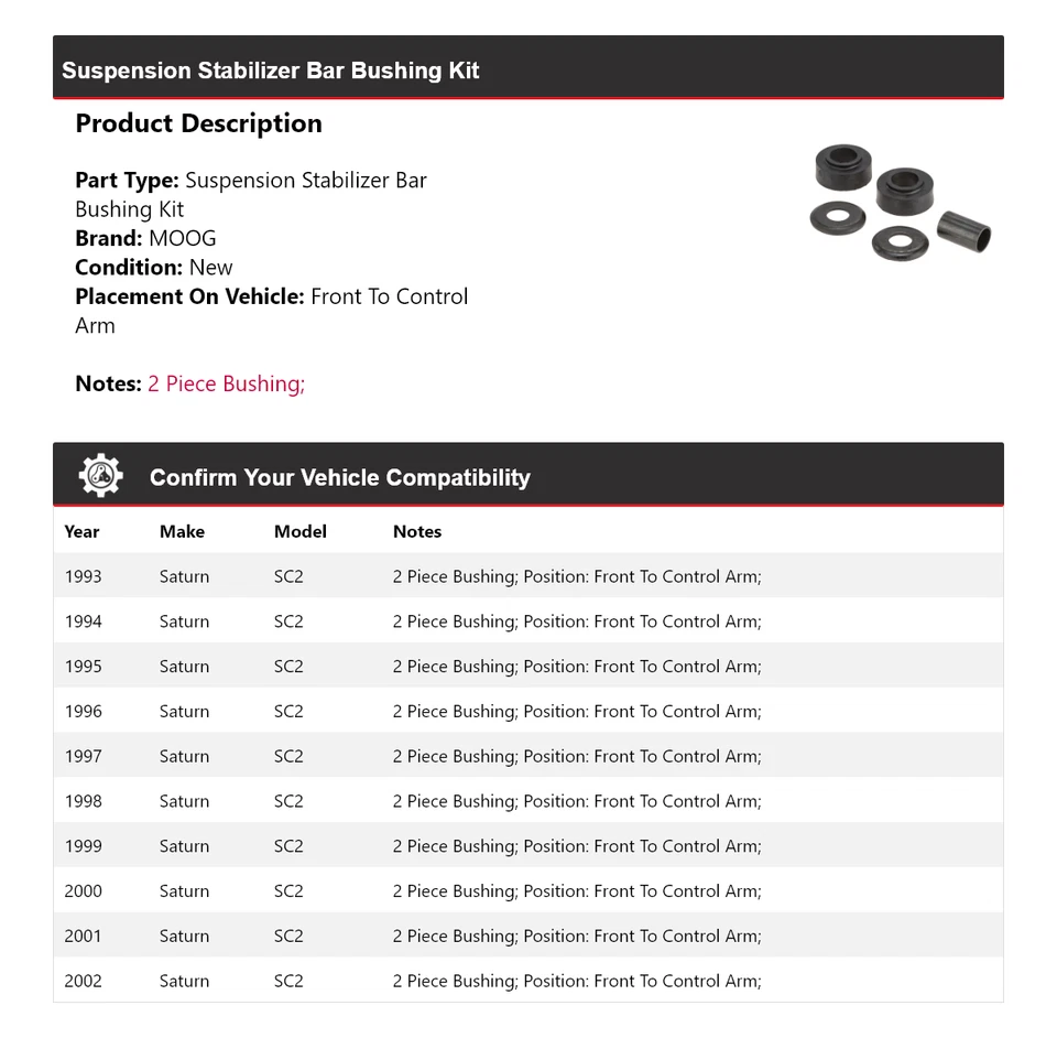 Kit de bucha barra estabilizadora suspensão Saturn SC2 1993 1994 para 1993-2002 MOOG 1993 1994 - Imagem 2 de 4
