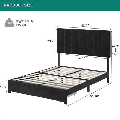 Queen Bed Frame Height Adjustable Headboard Storage Drawer Upholstered Platform - Picture 4 of 9