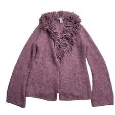 Lucidity Cardigan Sweater Womens Large Angora Lambswool Fringe Collared Purple