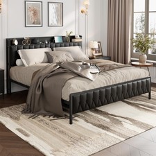 King Upholstered Platform Bed Frame with Charging Station & 12