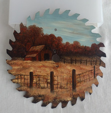 Hand Painted 8" Saw Blade Wall Folk Art Farm Scene Signed