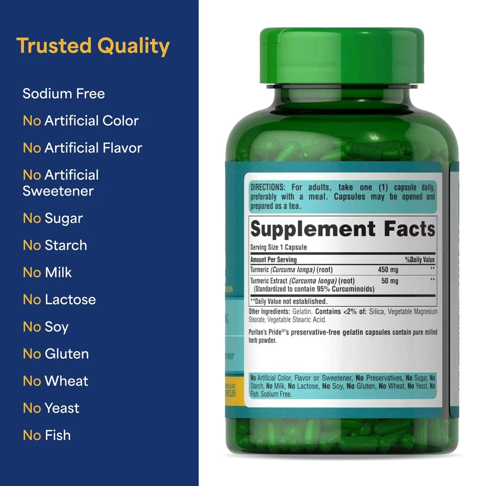 Curcumina de cúrcuma Puritan'S Pride 500 mg-180 cápsulas Foto 3 de 4