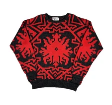 Vintage Tyrolia Wool Knit Sweater Red Geometric Abstract Pattern Adult XL 1990s 