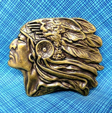 Native American Indian Chief Belt Buckle Cut Out Headdress Vintage 80s  .CPA203