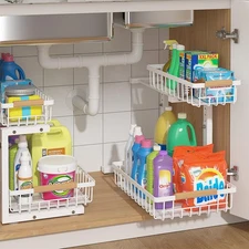 Under Sink Organizer 2 Packs, Pull Out Kitchen Sink Organizer, 2 Tier Slide O...