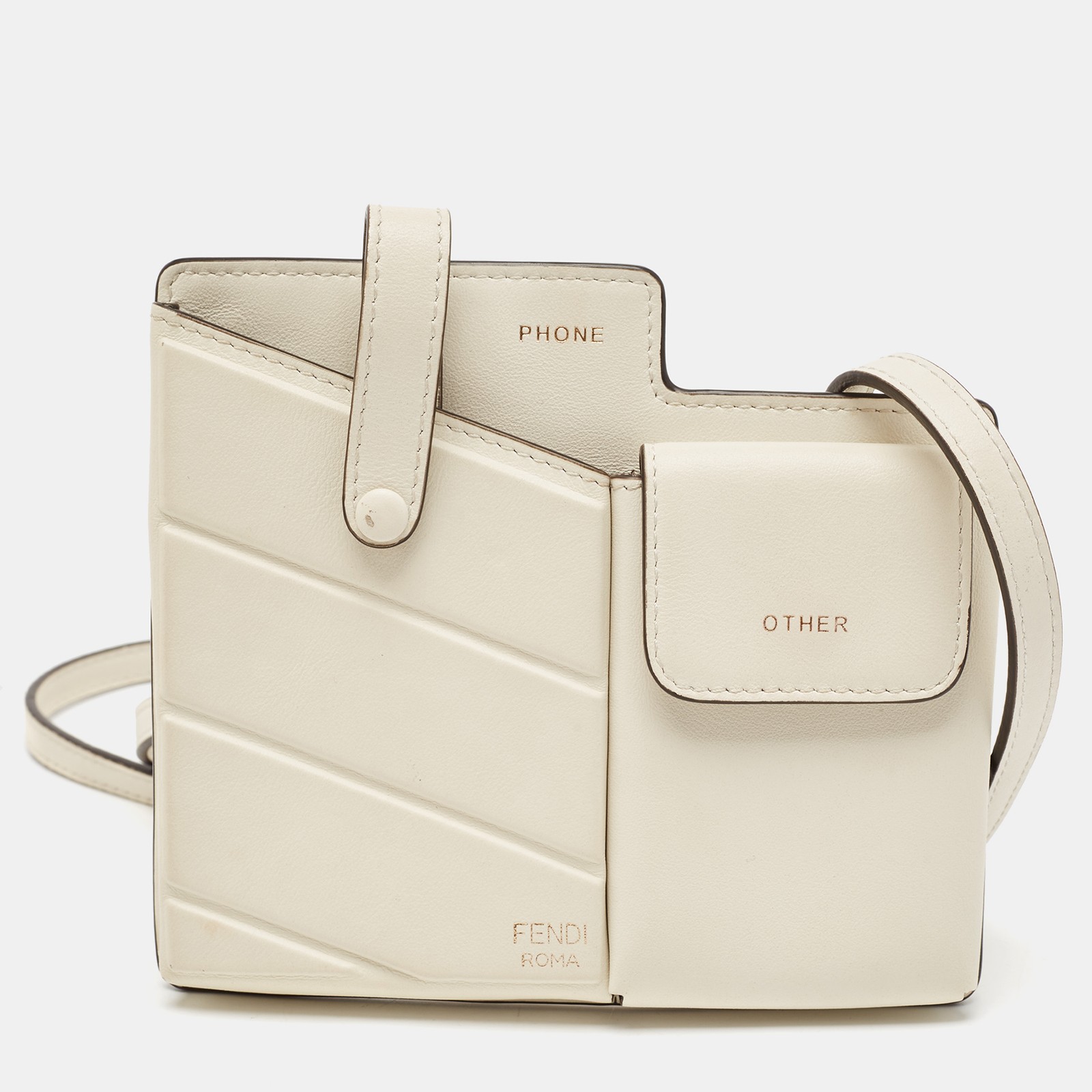 Fendi Off White Leather Mini Crossbody Bag with Two Pockets