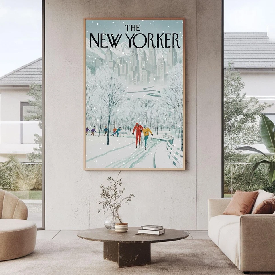 Póster de invierno vintage del New Yorker - arte de portada de escena de esquí nevado de Central Park Foto 4 de 4