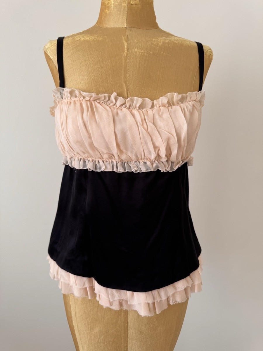 D&G Dolce & Gabbana Black Pink Satin Ruffle Camisole Tank Top Silk