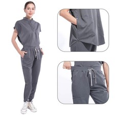 Stand Collar Women Nurse Uniform Suit Women Medical Scrubs Top  Pants Dark Grey