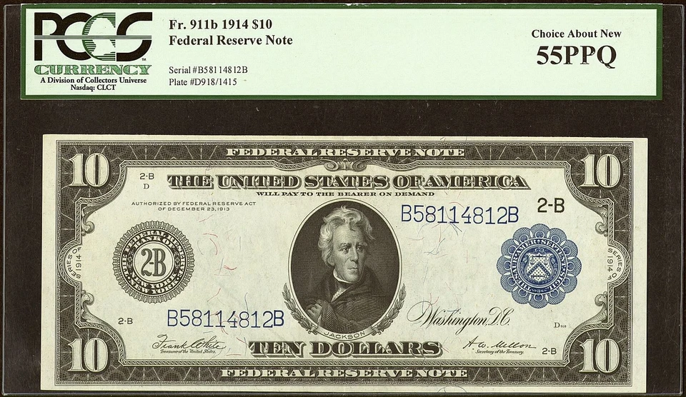 1914 $10 Federal Reserve Note Fr.911b PCGS 55PPQ Choice About New (CXE) - Image 3 of 3