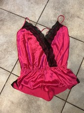 Victorias Secret Vintage Y2k M Pink Cherry Satin Black Lace Romper Teddy