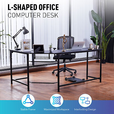L Shaped Gaming Desk Computer Corner Desk w Cable Management 72x19 53x19 Black