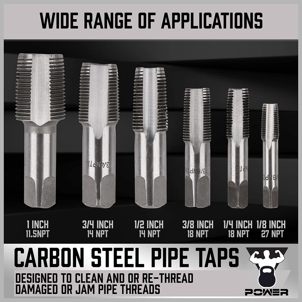 6PC NPT Pipe Tap Set 1/8" 1/4" 3/8" 1/2" 3/4" and 1" With Case Carbon Steel Inch - Image 3 of 4