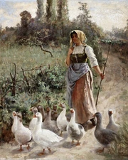 Vintage Goose Girl Painting Reproduction Giclee Print on Fine Art Paper