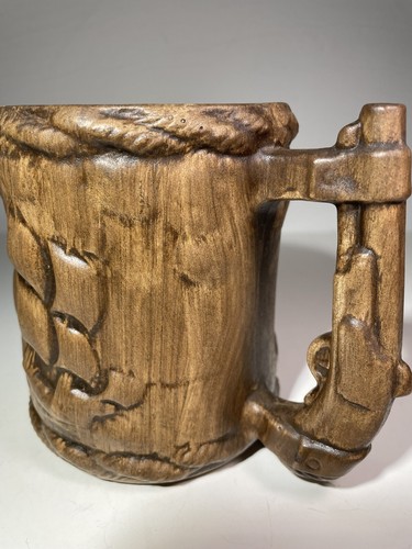 Pirate Ships & Gun Handle Coffee Mug 3D Raised Design 4-1/2" Tall Brown Ceramic - Picture 2 of 24