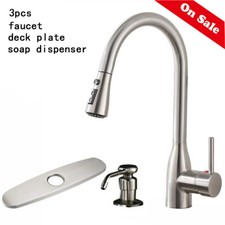 Commercial Kitchen Sink Faucet 3 Holes Single Handle Pull Down W/ Soap Dispenser
