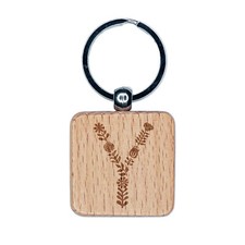 Elegant Botanical Floral Letter Y Engraved Wood Square Keychain Tag Charm