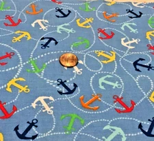 Anchors*Red Green Blue Orange Yellow* Anchor Rode* on Blue*100% Cotton* 8" x 22"