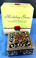Holiday Gems Poinsettia Trinket Box. Christmas Enamel Metal Rhinestones 3”
