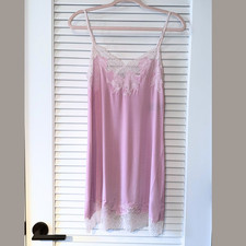 Natori Enchant Chemise Powder Pink White Lace Trim Satin Slip Dress Nightgown