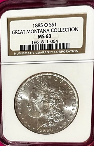1885-O Morgan Silver Dollar – NGC MS63 – Great Montana Collection – Bright Luste