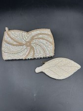 Vintage Sharonee Clutch  Coin Purse Set Beige Beaded  Iridescent Sequin Japan