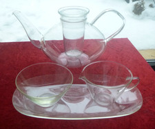 4 x Löffelhardt Jenaer Glas  Teekanne 1 l und Milchkännchen  Zuckerdose  Tablett