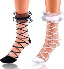 Ruffle See through Socks - Sheer Tulle Cool Mesh Ankle Socks 2 Pairs, Black 