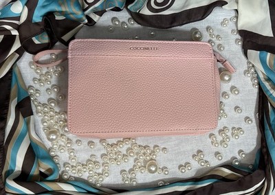 Pink COCCINELLE Large Zip Coin Bag Grained Leather Wristlet Wallet Free Gift