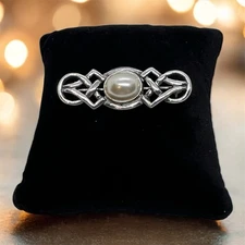 Vintage BOMA 925 Sterling Silver Faux Pearl Gemstone Pin Brooch 1.75" W x 5/8" T