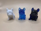 Vintage Westmoreland Glass French Bulldog Figurine Set 3 Milk Cobalt Teal Blue
