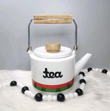 Vintage Enamel Teapot Small Tea Kettle With Lid And Wooden Handle