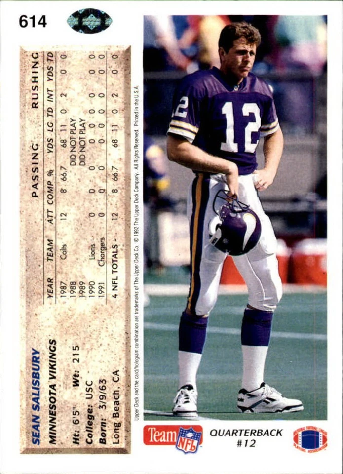 1992 Upper Deck Football Card #614 Sean Salisbury RC Rookie Card - Image 2 of 2