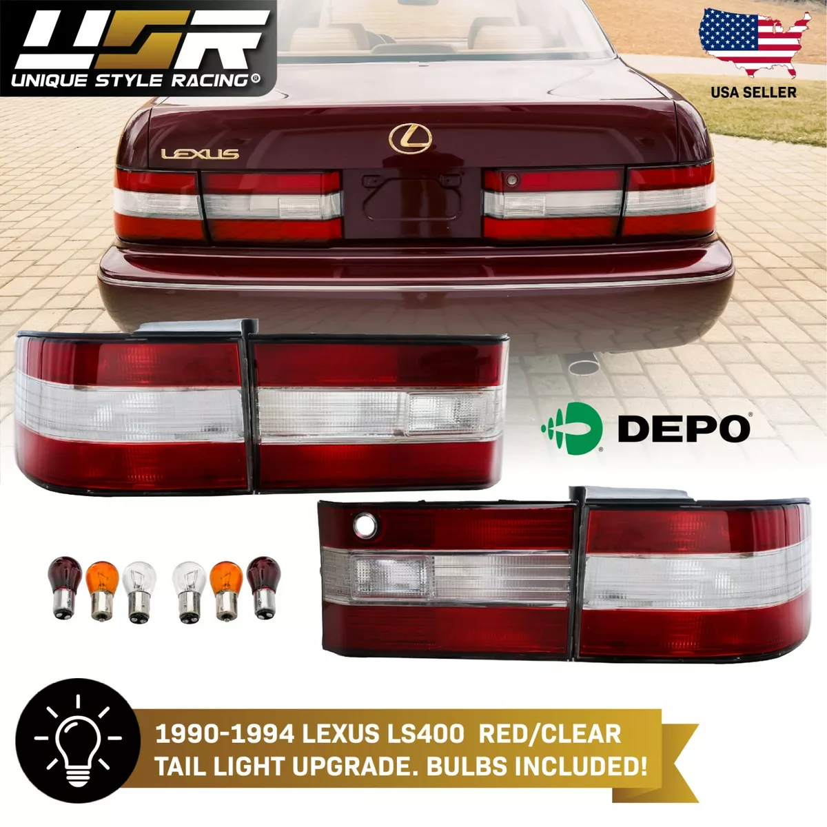 4PCS DEPO JDM Style Red Clear Tail Lights For 1991 1994 Lexus