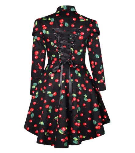 SIZE 12 14 BLACK GOTHIC RED CHERRIES RIDING COAT JACKET STEAMPUNK CORSET TIE - Picture 2 of 5