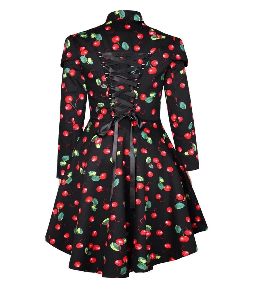 SIZE 12 14  BLACK GOTHIC RED CHERRIES RIDING COAT JACKET STEAMPUNK CORSET TIE - Image 2 of 4