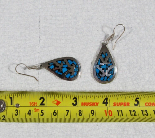 Taxco Mexican Sterling Silver Turquoise Mosaic Teardrop Earrings OMA TM-717 - Picture 8 of 9