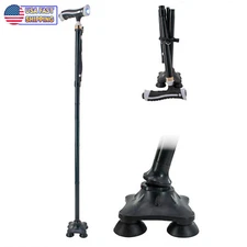 Walking Stick Cane LED Light Quad Pivoting Base Adjustable Folding  Mobility Aid