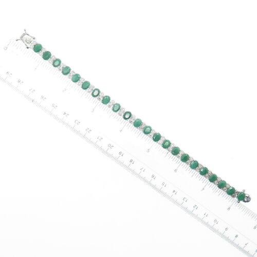 DSMK 925 Sterling Silver Real Diamond Accent & Oval-Cut Emerald Bracelet 8" - Picture 2 of 6