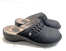 Black Leather Slide UGG Clogs Sheepskin Lining Woven Cuff Durable Soles, Size 5