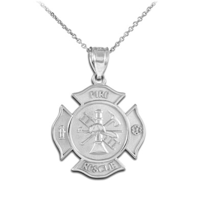 925 Sterling Silver Firefighter Fire Rescue Badge Pendant Necklace